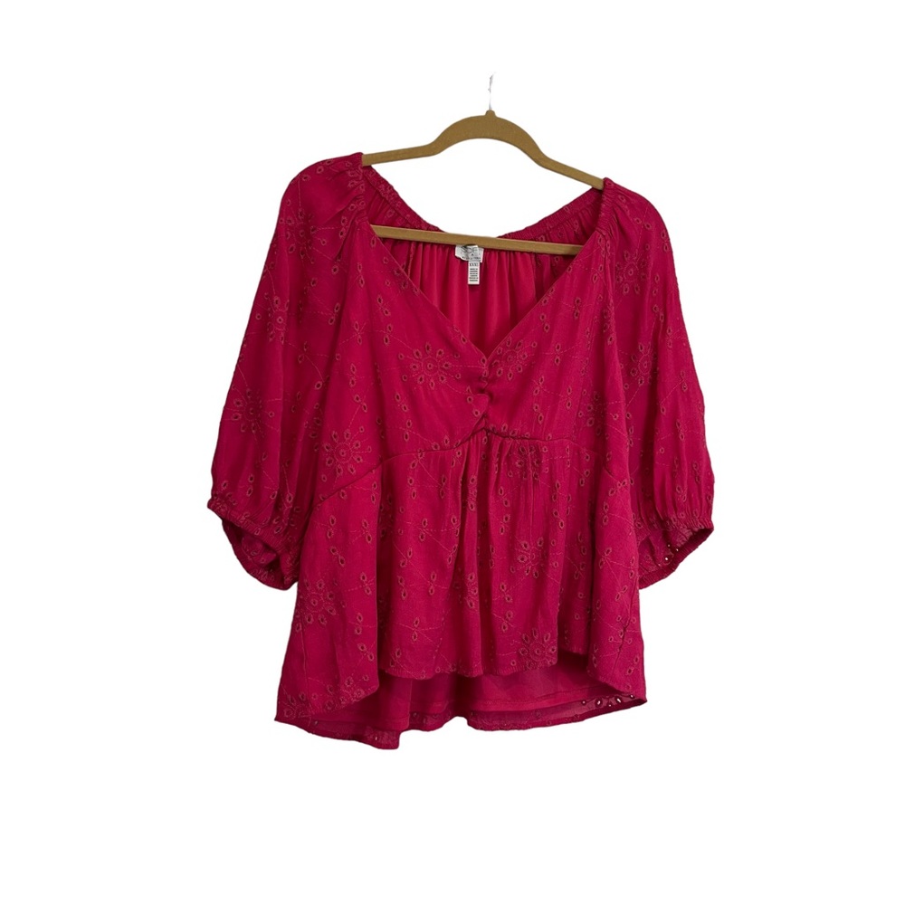 Sofia Jeans By Sofia Vergara Pink Eyelet V Neck Balloon Sleeve Top Womens 3X
